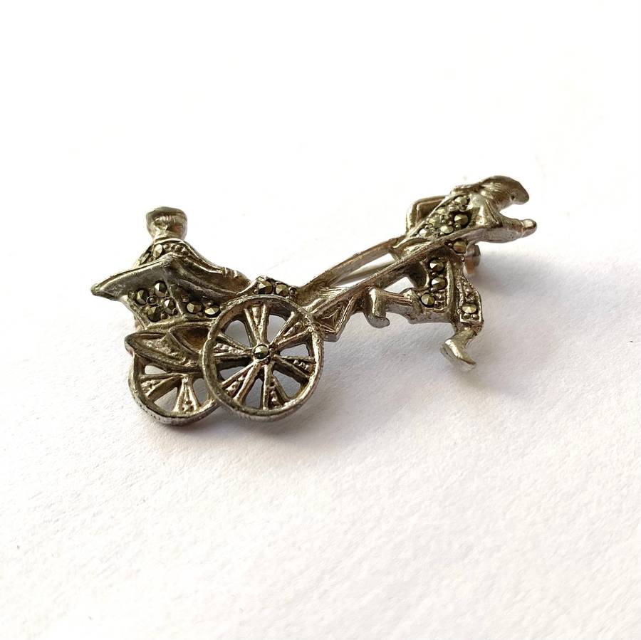 Brooch - Marcasite Vintage Pulled Rickshaw. Silver Colour #ML1492
