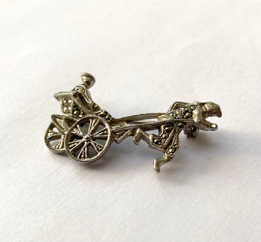 Brooch - Marcasite Vintage Pulled Rickshaw. Silver Colour #ML1492
