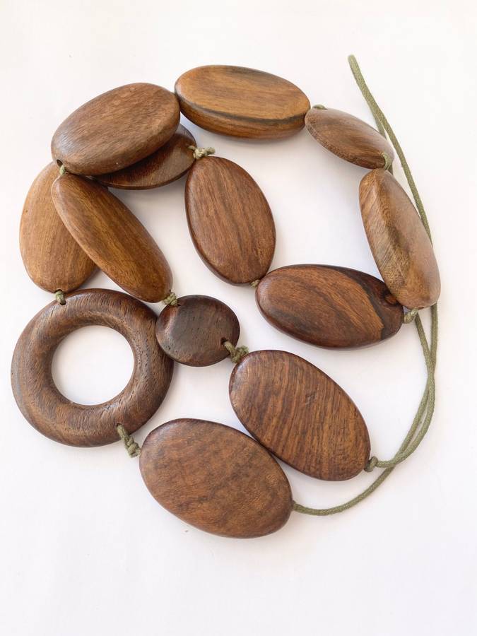 Necklace - Wooden Oval And Round Beaded Necklace With One Ring Bead On Green Cord #ML1497