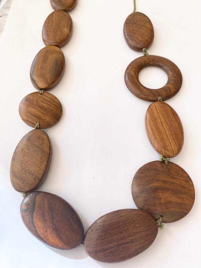 Necklace - Wooden Oval And Round Beaded Necklace With One Ring Bead On Green Cord #ML1497