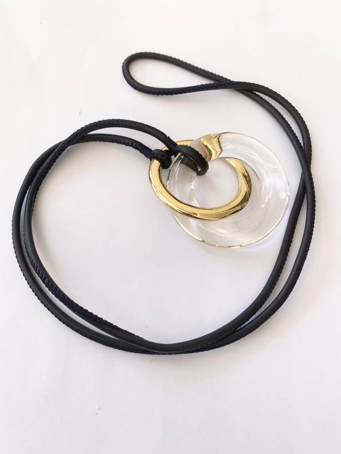 Necklace - Long Leather Strap Necklace With Interlocking Glass Ring and Gold Colour Ring #ML1501