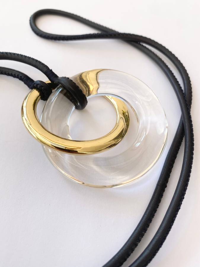 Necklace - Long Leather Strap Necklace With Interlocking Glass Ring and Gold Colour Ring #ML1501