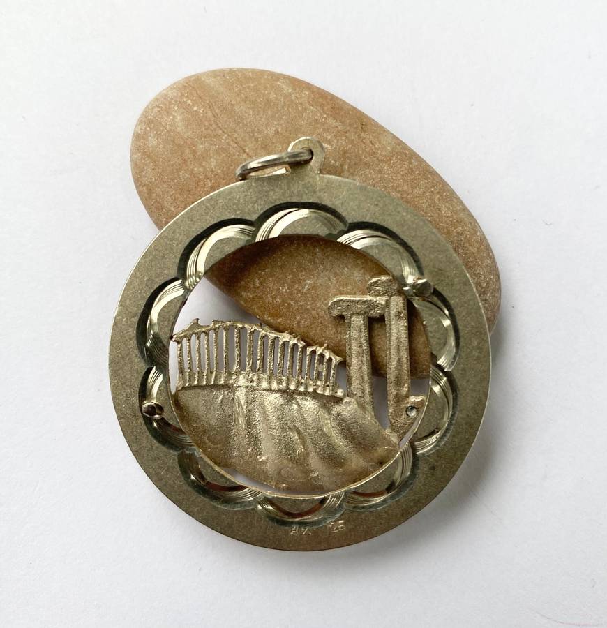 Pendant - Round Silver Disk With Greek Columns Inset #ML1558