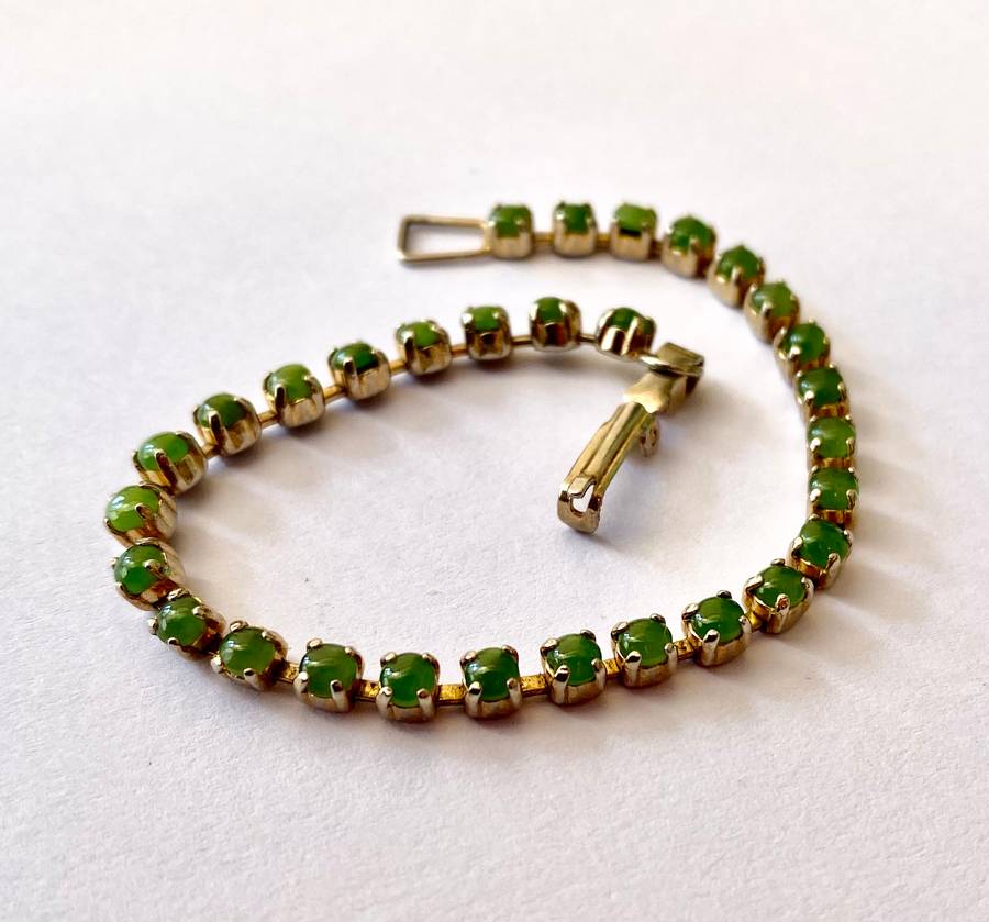 Bracelet - Tennis Style Chain With Green Stones. Gold Plated #ML1594