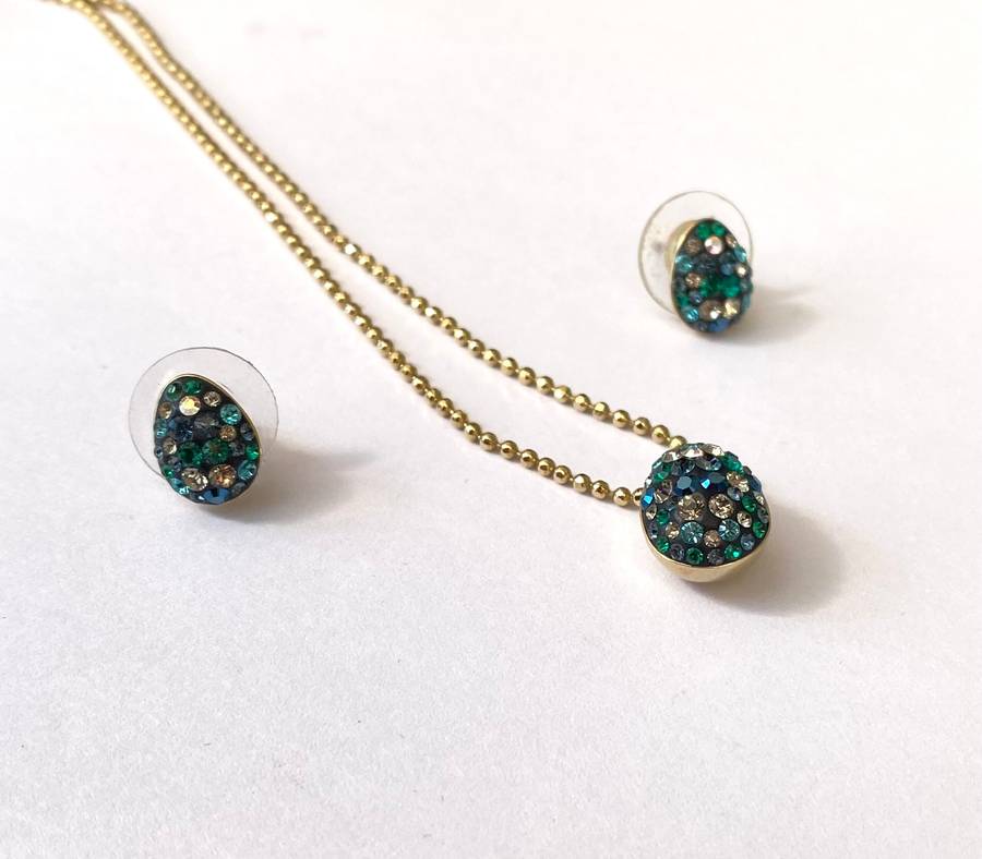 Set - Swarovski Necklace and Earrings. Pear Shaped Studs and Pendant on Chain. Coloured Crystals ...