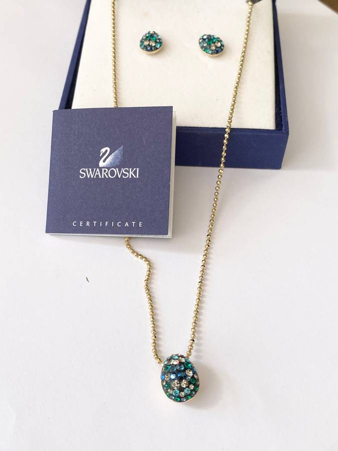 Set - Swarovski Necklace and Earrings. Pear Shaped Studs and Pendant on Chain. Coloured Crystals ...