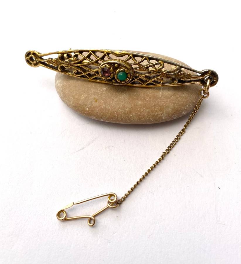 Brooch - Vintage Bar Brooch With Safety Chain. Cutout Pattern. Green and Purple Stones Inset. Pin...