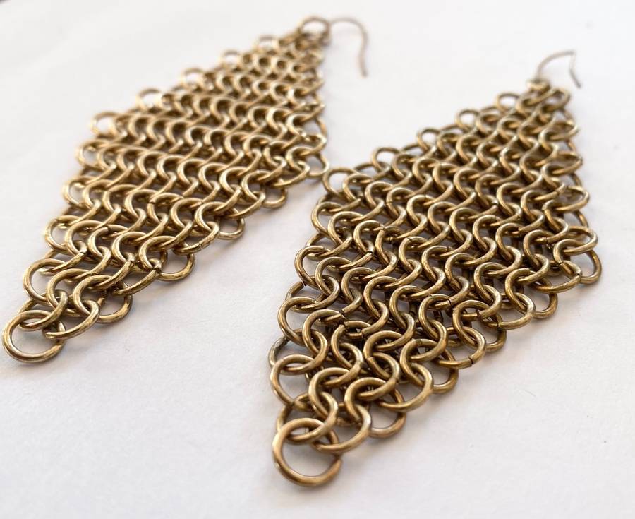 Earrings - Mesh Diamond Shape Drop and Dangle. Brass Colour #ML1647