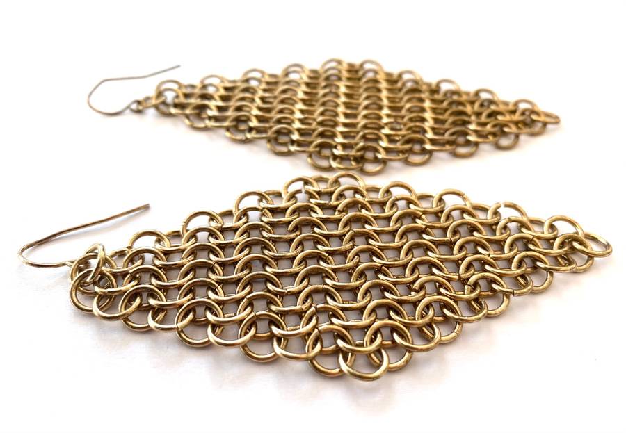 Earrings - Mesh Diamond Shape Drop and Dangle. Brass Colour #ML1647