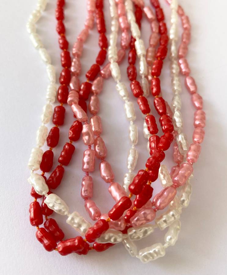 Necklace - 3 x Strands of Pearly Beads. Pink, Red, White #ML1668
