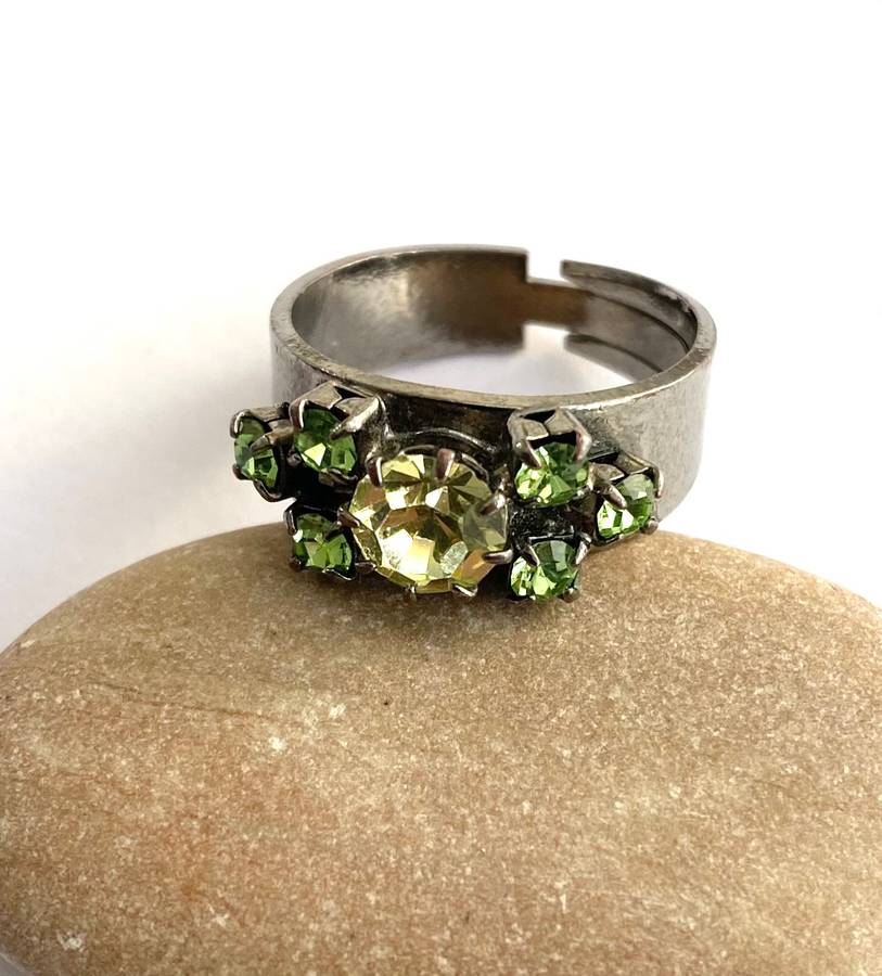 Ring - Adjustable Band With Peridot and Topaz Colour Stones. Silver Colour #ML1696