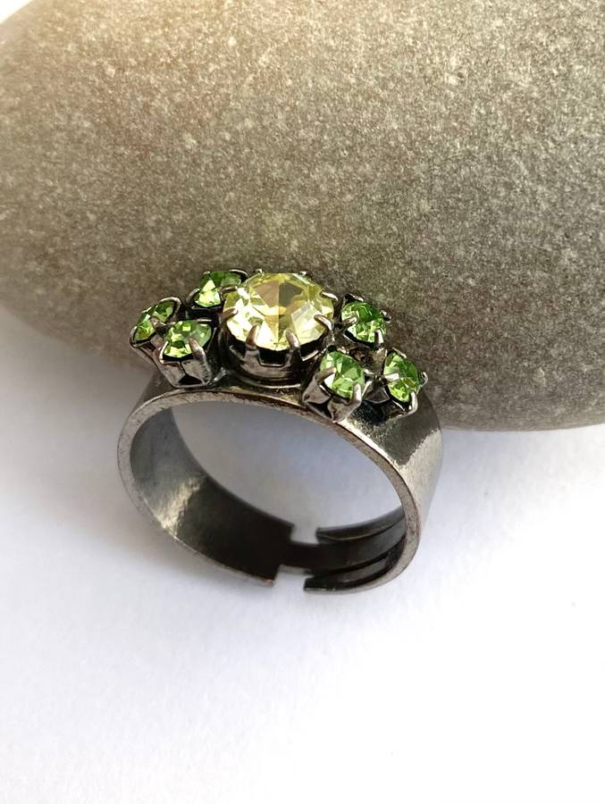 Ring - Adjustable Band With Peridot and Topaz Colour Stones. Silver Colour #ML1696