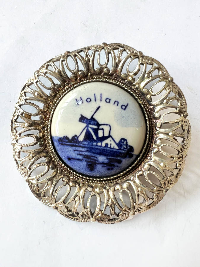 Brooch- Delft Vintage Silver Tone Lace Filigree Porcelain Windmill Design with Holland Written on...