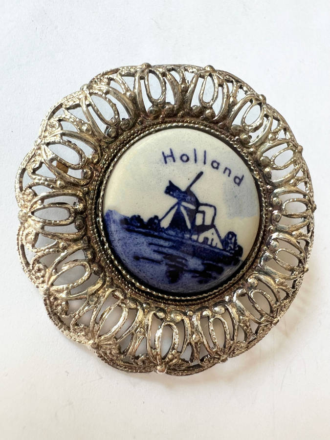 Brooch- Delft Vintage Silver Tone Lace Filigree Porcelain Windmill Design with Holland Written on...