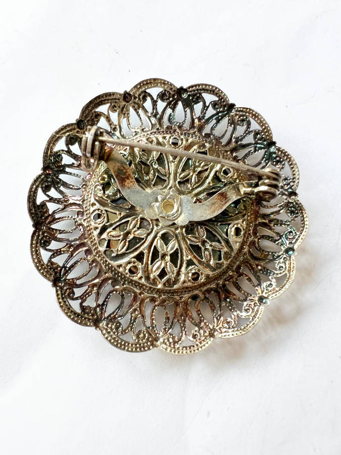 Brooch- Delft Vintage Silver Tone Lace Filigree Porcelain Windmill Design with Holland Written on...