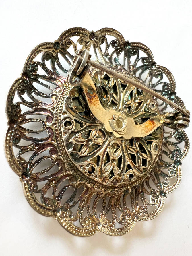Brooch- Delft Vintage Silver Tone Lace Filigree Porcelain Windmill Design with Holland Written on...