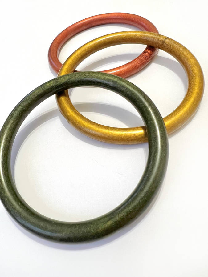 Bangle - Metallic Colour. Smooth Wood x3. Burnt Orange, Dark Green, Gold Colour ML1823