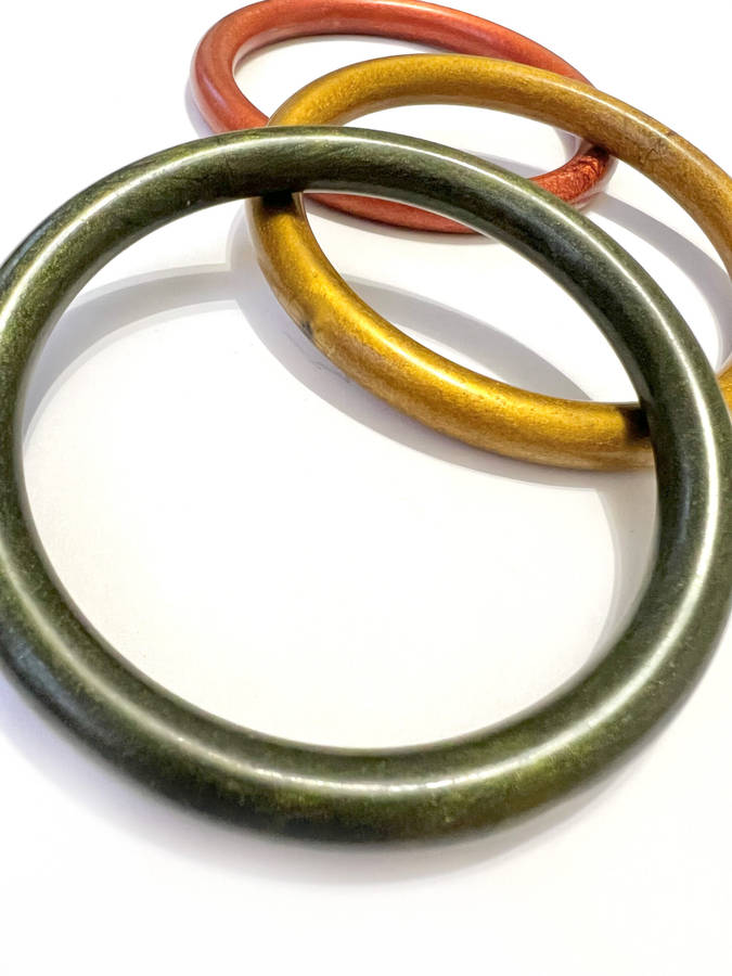 Bangle - Metallic Colour. Smooth Wood x3. Burnt Orange, Dark Green, Gold Colour ML1823