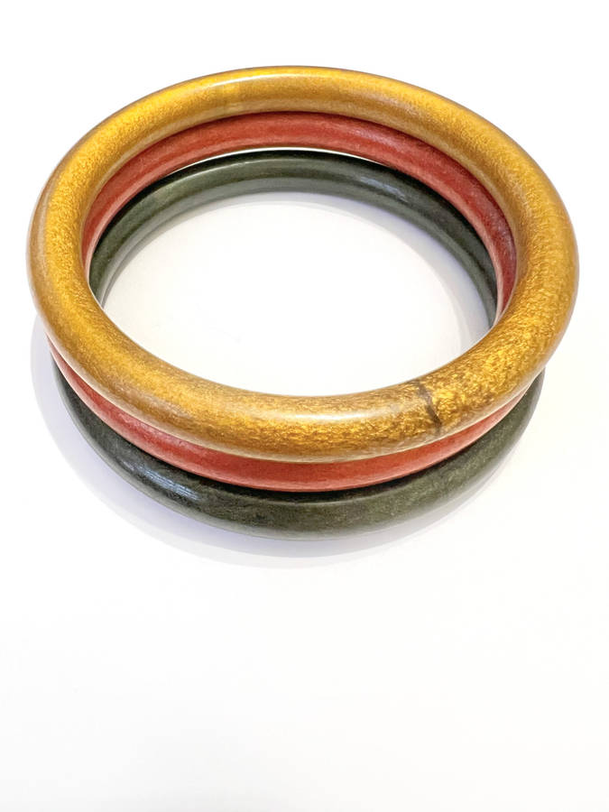 Bangle - Metallic Colour. Smooth Wood x3. Burnt Orange, Dark Green, Gold Colour ML1823