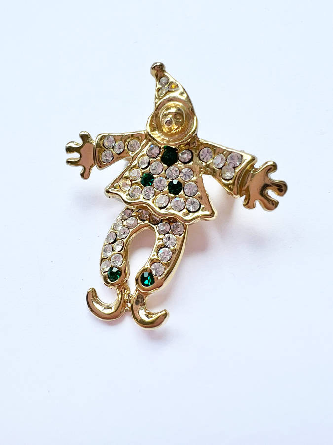 Brooch - Gold Tone Vintage Clown with movable body. Clear & Green Rhinestones ML1847