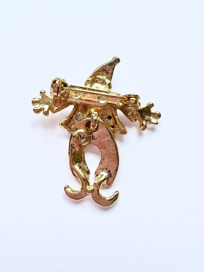 Brooch - Gold Tone Vintage Clown with movable body. Clear & Green Rhinestones ML1847
