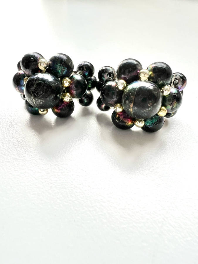 Earrings - Vintage Faux Pearls. Black with Splash of Gold Beads. Huggies ML1864