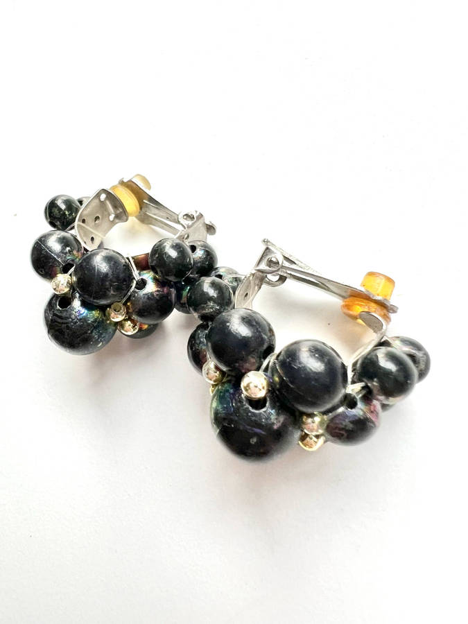 Earrings - Vintage Faux Pearls. Black with Splash of Gold Beads. Huggies ML1864