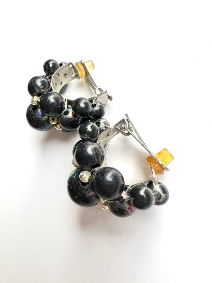 Earrings - Vintage Faux Pearls. Black with Splash of Gold Beads. Huggies ML1864