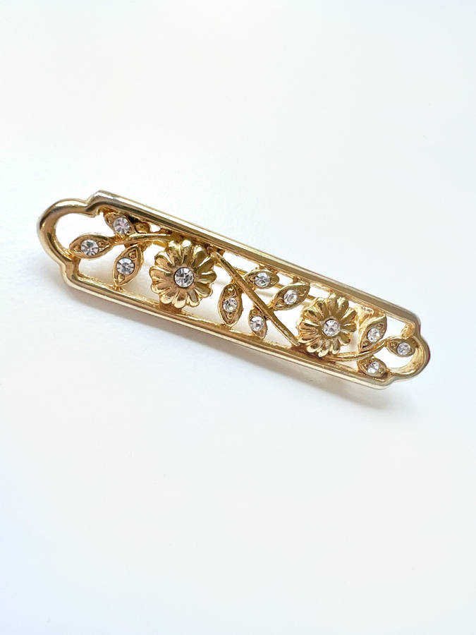 Brooch - Vintage Gold Tone Design, Floral Vines with Small Diamantes ML1913