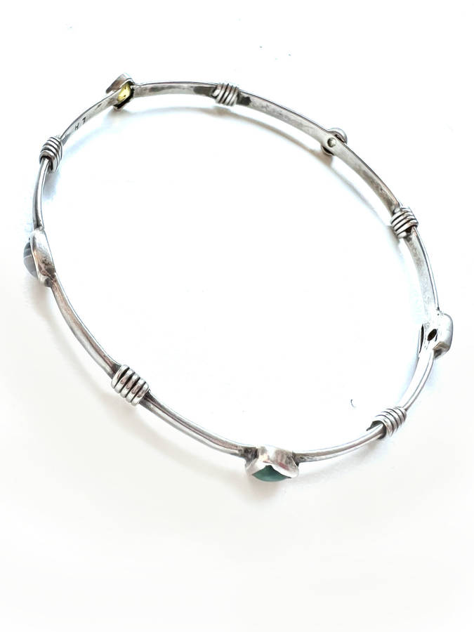 Bangle - 925 Silver Band, Multi Shaped Stones. Multi Colour Strips of Silver in between each Ston...