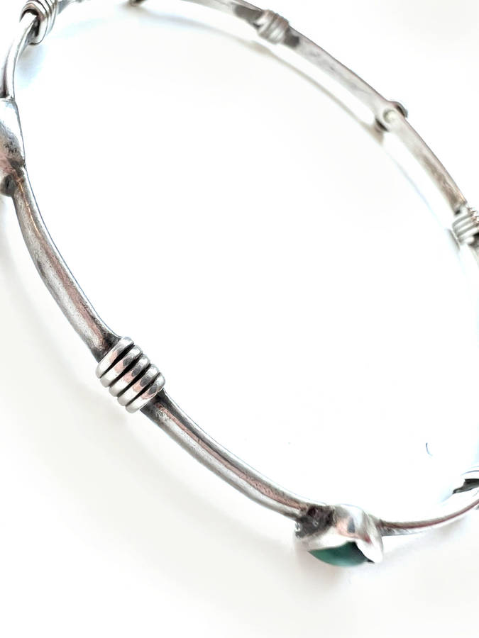 Bangle - 925 Silver Band, Multi Shaped Stones. Multi Colour Strips of Silver in between each Ston...