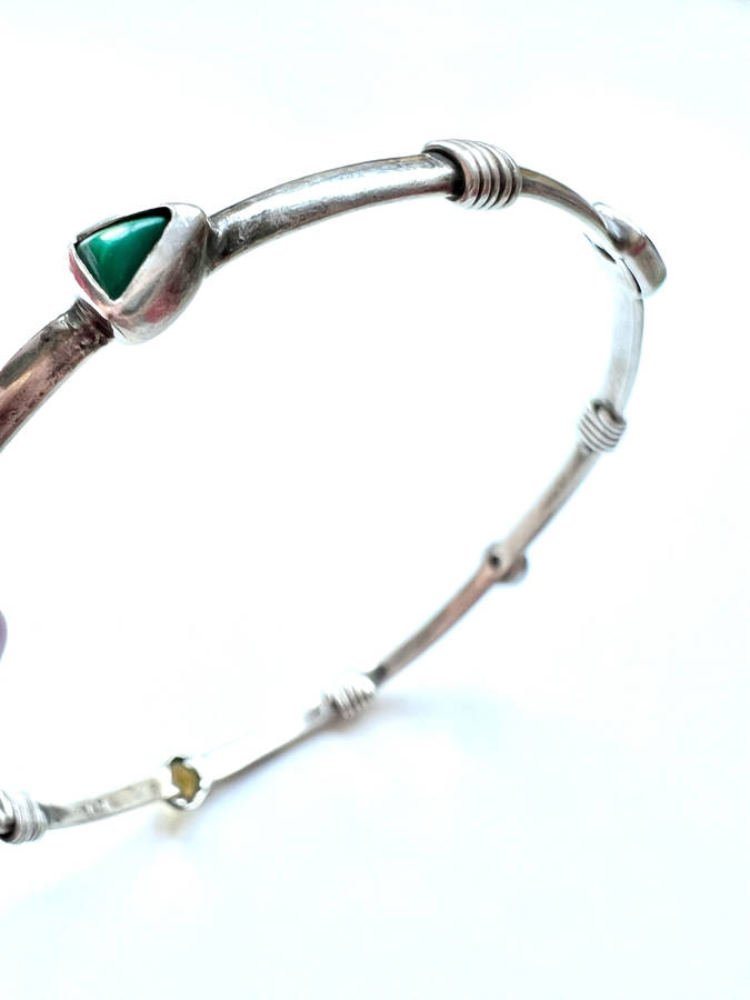 Bangle - 925 Silver Band, Multi Shaped Stones. Multi Colour Strips of Silver in between each Ston...