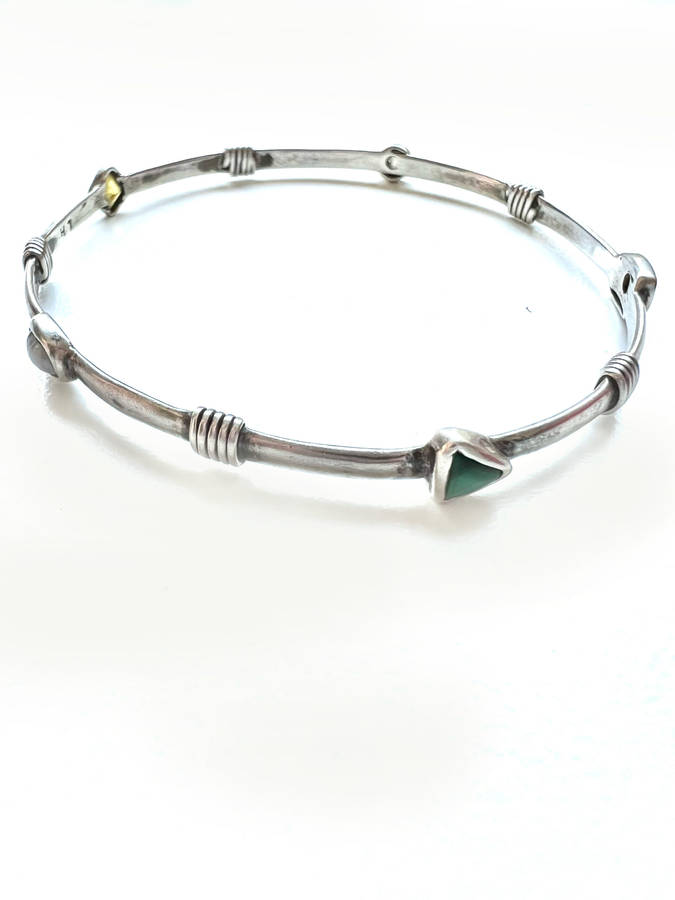 Bangle - 925 Silver Band, Multi Shaped Stones. Multi Colour Strips of Silver in between each Ston...