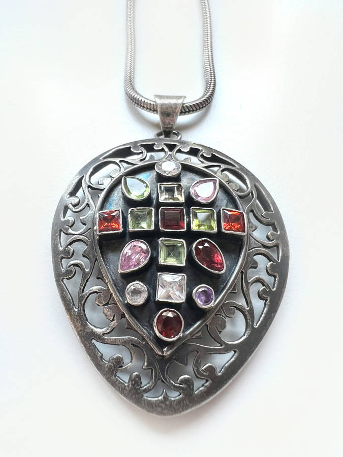 Necklace - 925 Silver Large Rustic Teardrop Shape with Mosaic Type Coloured Stones ML1930
