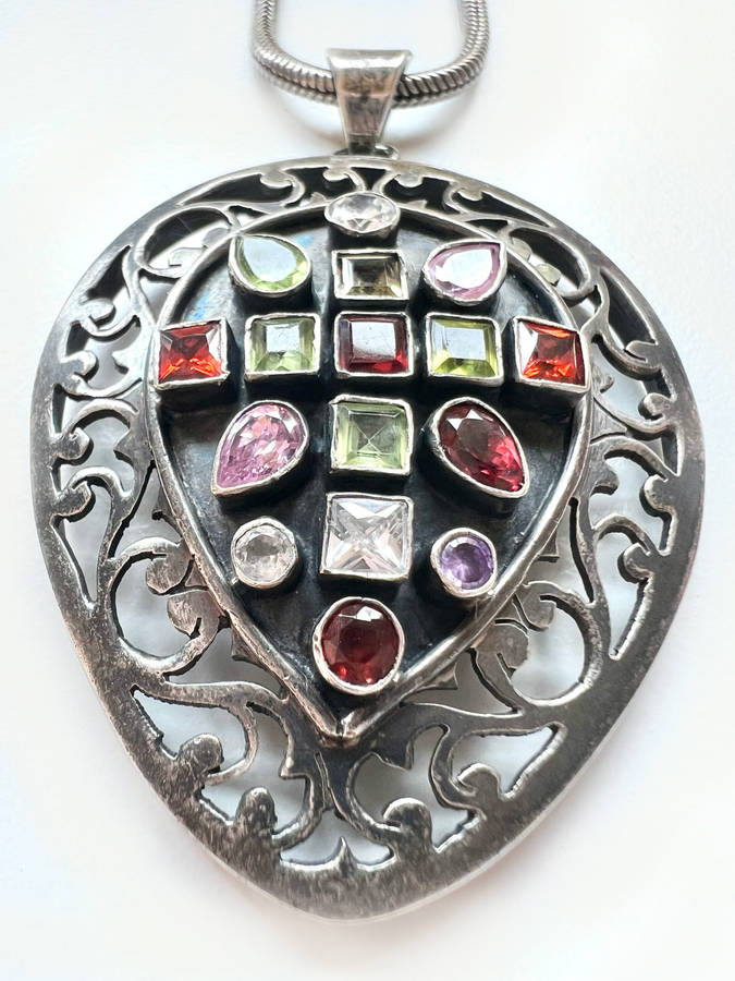 Necklace - 925 Silver Large Rustic Teardrop Shape with Mosaic Type Coloured Stones ML1930