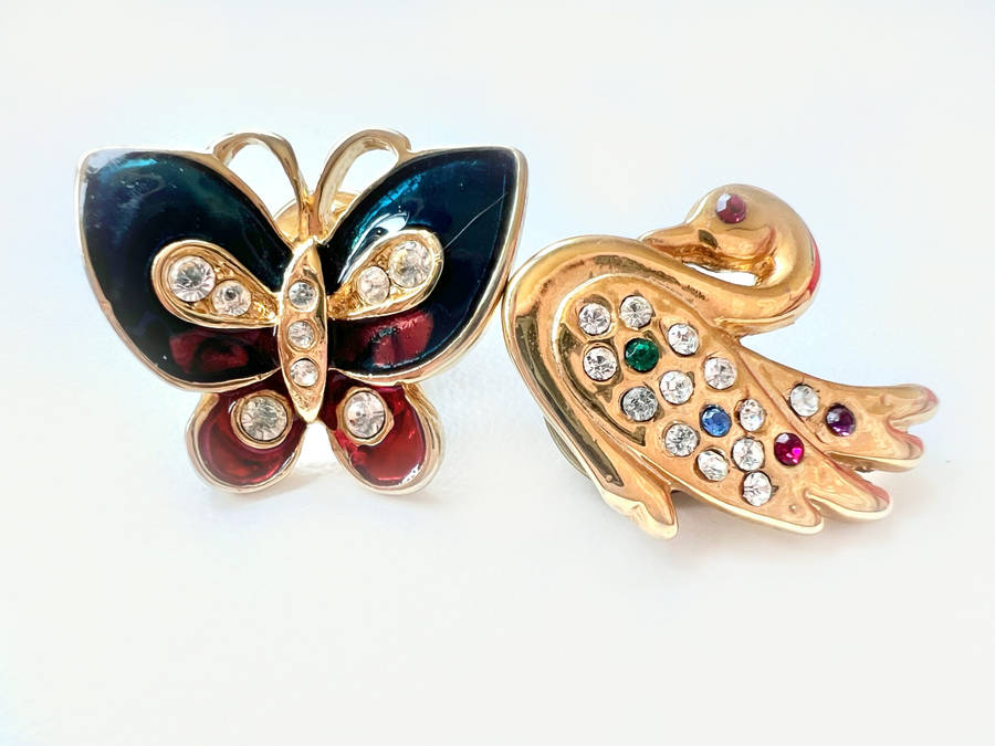 Brooches - Vintage Gold Tone Butterfly Scarf Pin with Diamantes. Swan Scarf Pin with Coloured Rhi...