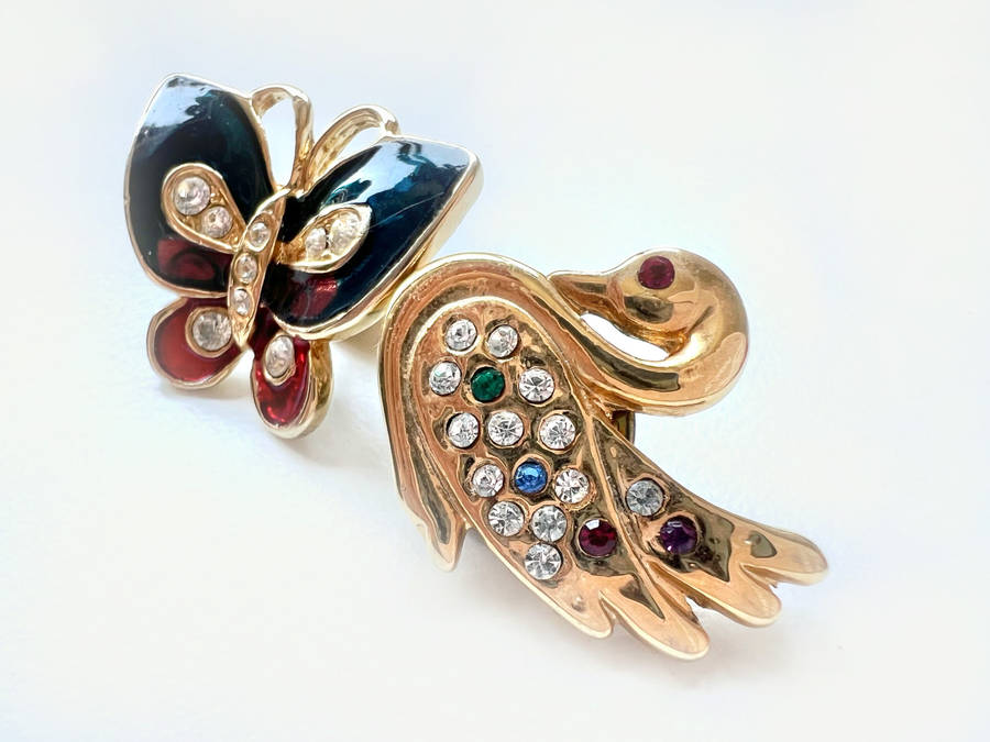 Brooches - Vintage Gold Tone Butterfly Scarf Pin with Diamantes. Swan Scarf Pin with Coloured Rhi...