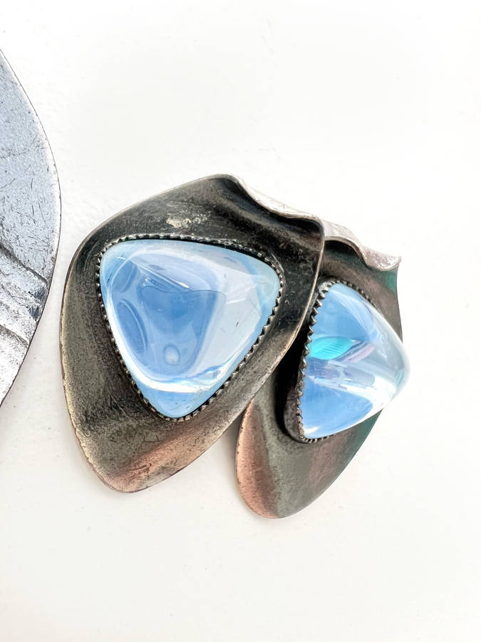 Set - Vintage Dark Grey Metal with Pale Blue Glass Bead in each. Clip Ons ML1973
