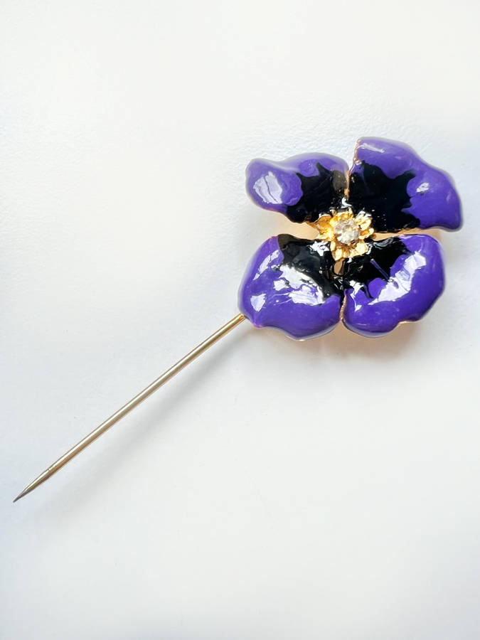 Hair Pin - Gold Tone Pansy Pin. Purple Colour Flower with centre Rhinestone in a Splash of Gold C...