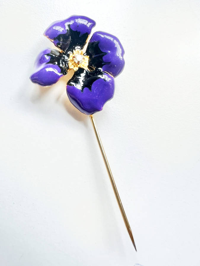 Hair Pin - Gold Tone Pansy Pin. Purple Colour Flower with centre Rhinestone in a Splash of Gold C...