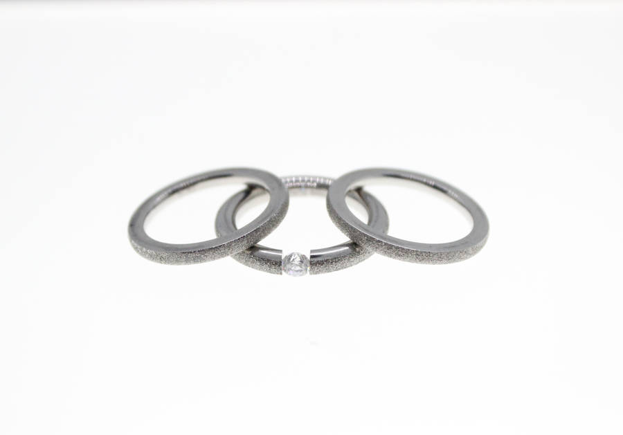 Rings - Fashion Stainless Steel Sparkle, 2 x Bands and Large Diamante, Stamped Del Coursy - ML2348