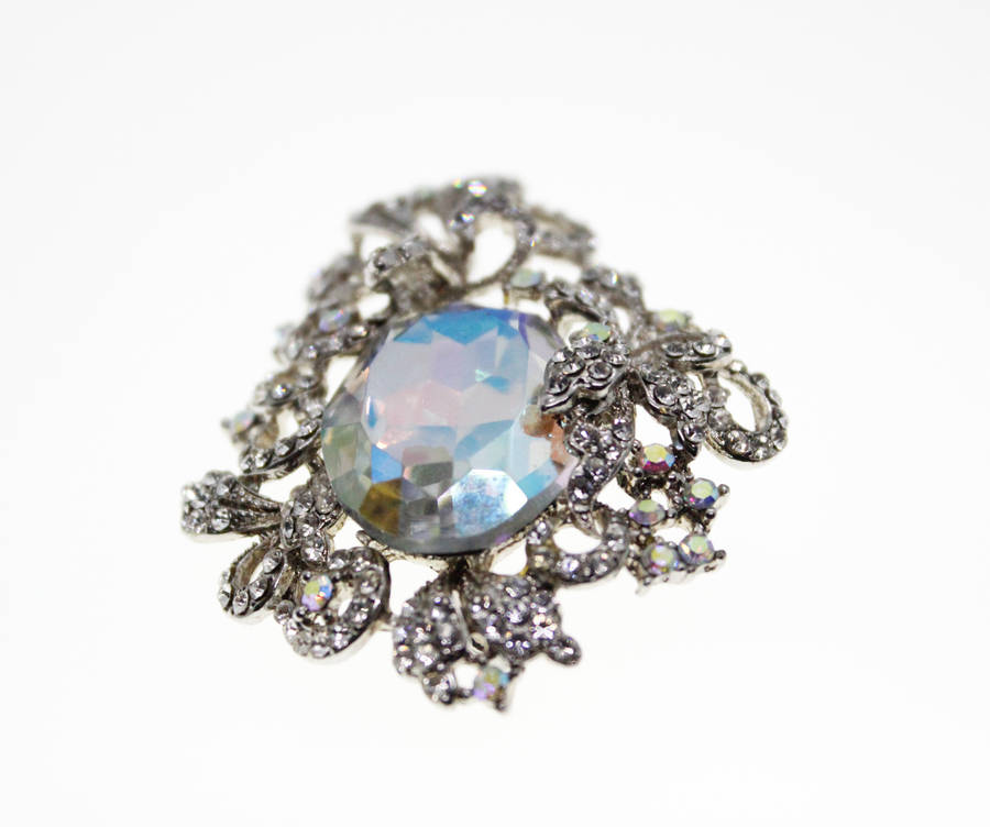 Brooch - Vintage Silver Tone Floral Style with Large Centre Stone,Marcasite and Rhinestones - ML2425
