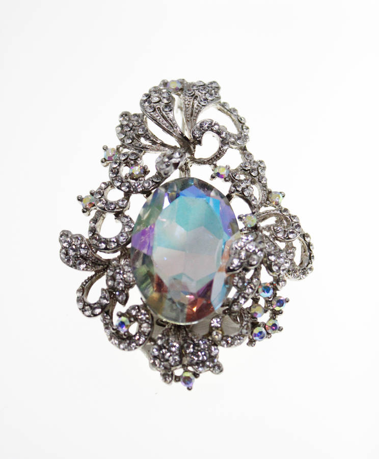 Brooch - Vintage Silver Tone Floral Style with Large Centre Stone,Marcasite and Rhinestones - ML2425