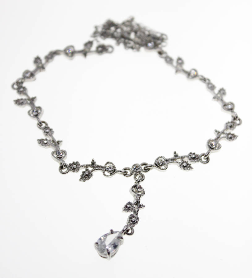 Necklace - Vintage Silver Tone with Diamantes with Leaves and Flowers and Hanging Teardrop - ML2429