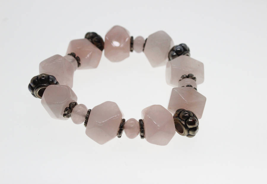 Bracelet - Silver Tone and Rose Quartz Bracelet with Silver Beads - ML2467