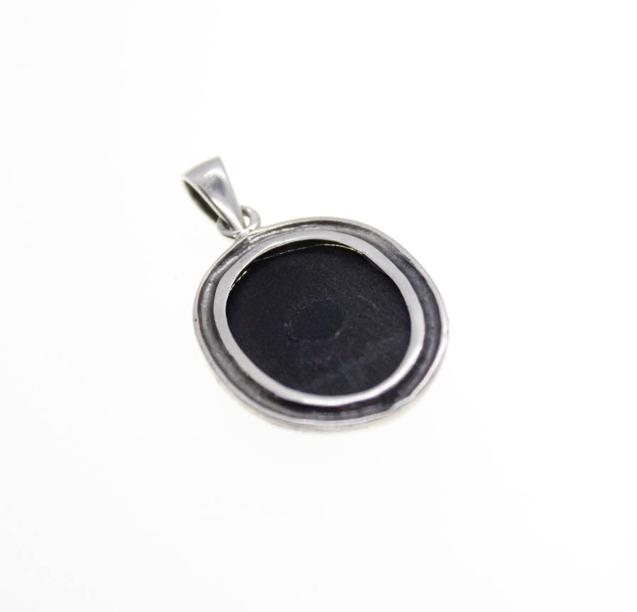 Pendant - 925 Silver. Black Enamel Oval with Marcasite Fleur De Lis - ML2530