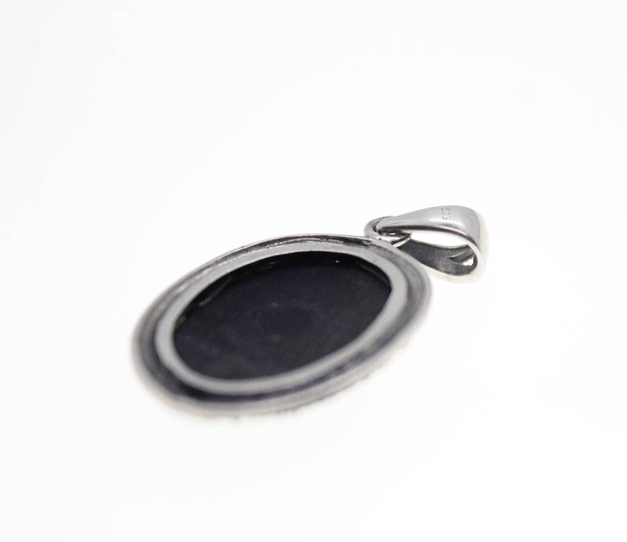 Pendant - 925 Silver. Black Enamel Oval with Marcasite Fleur De Lis - ML2530
