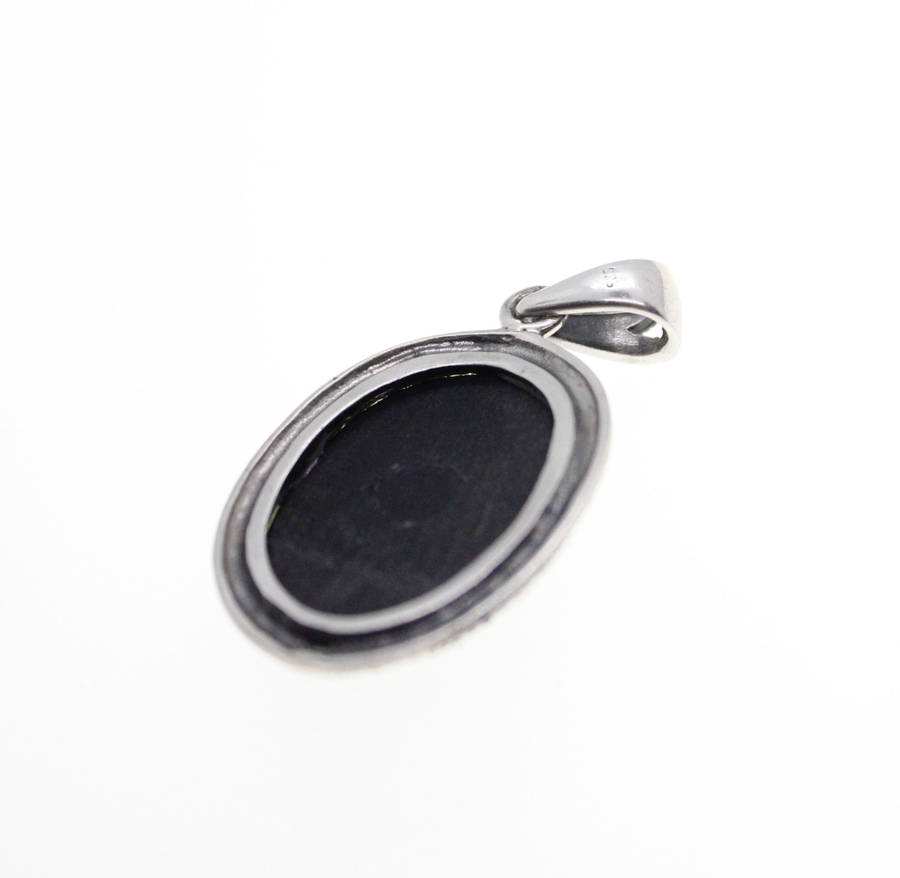 Pendant - 925 Silver. Black Enamel Oval with Marcasite Fleur De Lis - ML2530