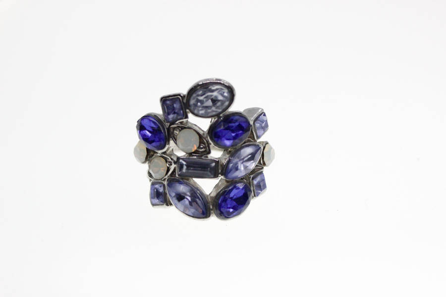 Ring - Vintage Silver Tone Irregular Shape with White, Light Blue and Dark Blue Rhinestones - ML2555