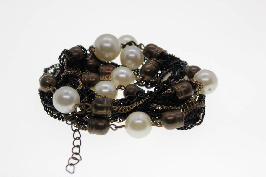 Necklace - Vintage Metal, Black and Gold Tone Multi-strand Long Necklace with Faux Pearls - ML2559